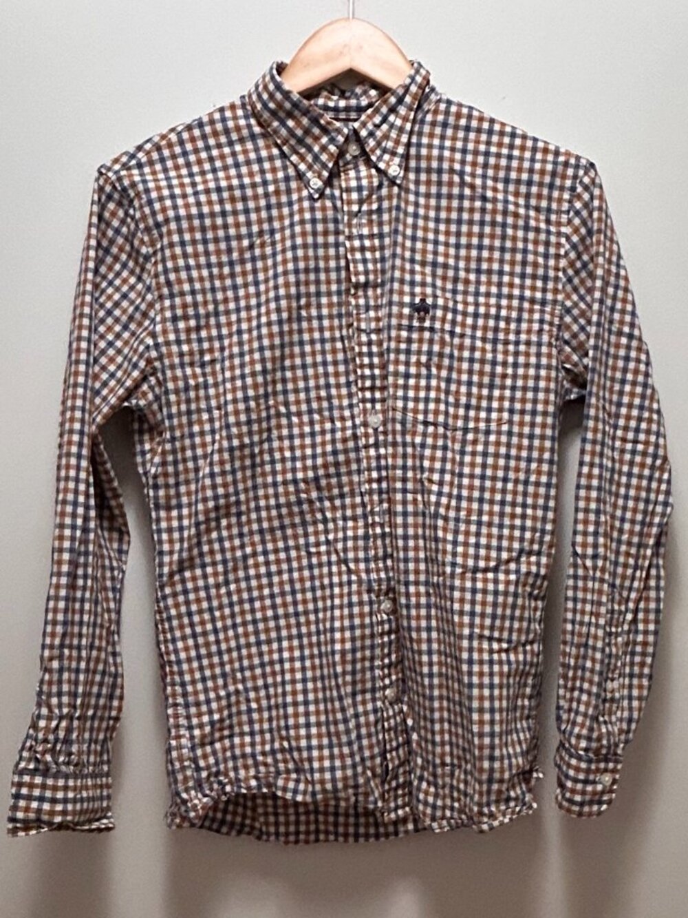 Brooks Brothers brown/blue/white striped/checked button down, small